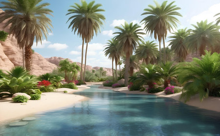 A beautiful oasis with tropical plants in desert.の素材