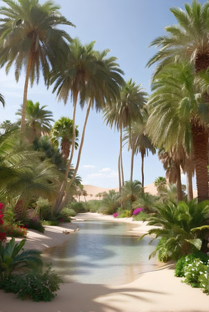 A beautiful oasis with tropical plants in desert.の素材