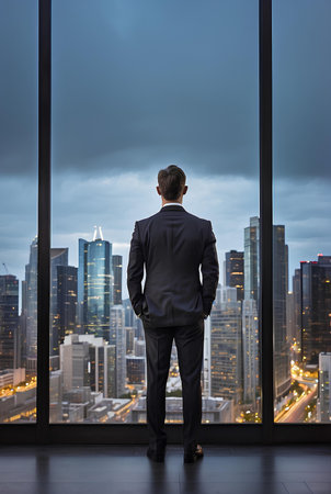 A businessman looking at city from the roof of a modern office building.の素材