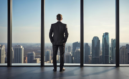 A businessman looking at city from the roof of a modern office building.の素材