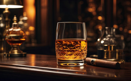 Glass of golden rum and cigar with luxury room background.の素材