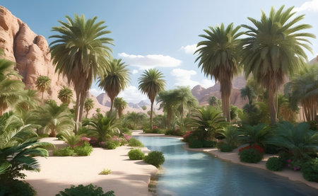 A beautiful oasis with tropical plants in desert.の素材