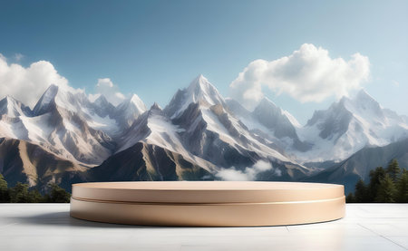 A modern podium with beautiful mountain background.の素材
