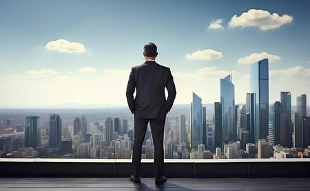 A businessman looking at city from the roof of a modern office building.の素材