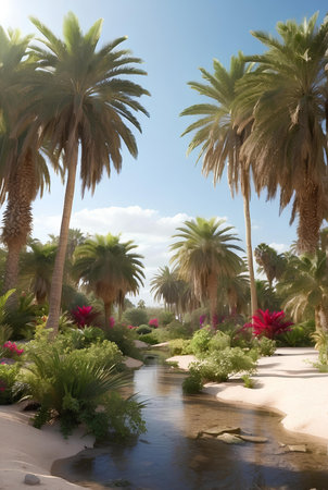 A beautiful oasis with tropical plants in desert.の素材