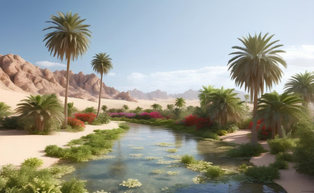 A beautiful oasis with tropical plants in desert.の素材