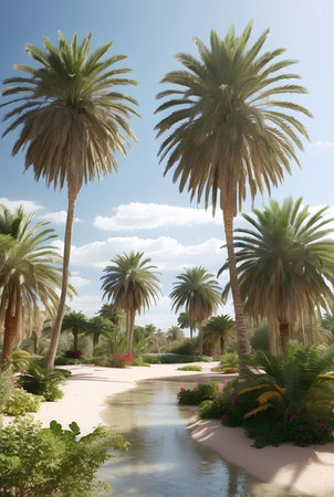 A beautiful oasis with tropical plants in desert.の素材