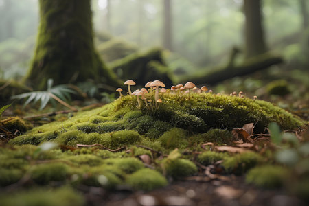 Mossy ground with tiny mushrooms in the background.の素材