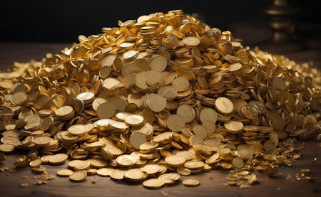 Many pile of gold bars and gold coins.の素材