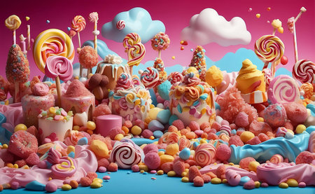 A colorful Sweets land Background With Cupcake, Candies, Ice Cream, Clouds.の素材
