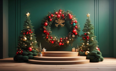 Merry Christmas product display podium with pine tree and decoration.の素材