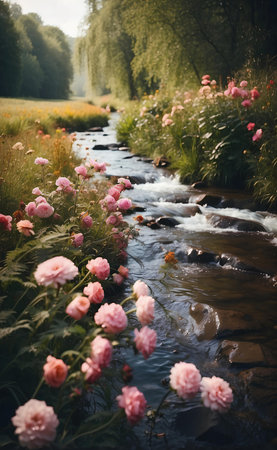 River in forest with beautiful blooming flowers.の素材