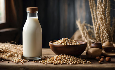 Bottle of soy milk and soy grains on a wooden table.の素材