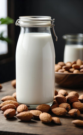 Almond milk in a jar and with almonds on modern table.の素材