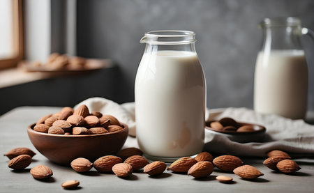 Almond milk in a jar and with almonds on modern table.の素材