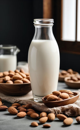 Almond milk in a jar and with almonds on modern table.の素材