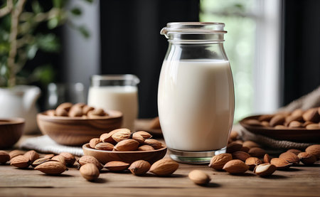 Almond milk in a jar and with almonds on modern table.の素材
