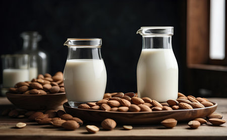 Almond milk in a jar and with almonds on modern table.の素材