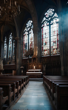 Cathedral interior with beautiful strain glass.の素材