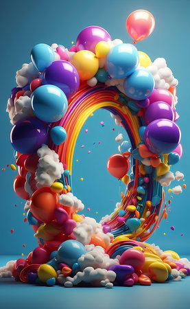 Colorful balloons rainbow and clouds party background.の素材