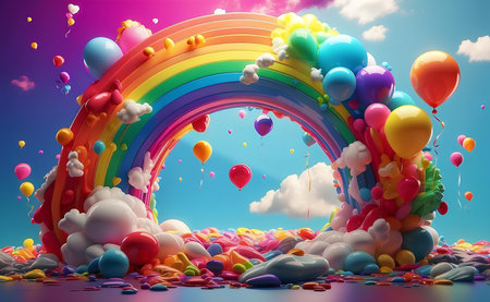 Colorful balloons rainbow and clouds party background.の素材