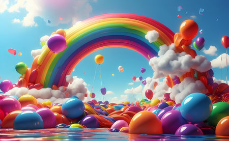 Colorful balloons rainbow and clouds party background.の素材
