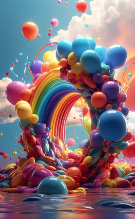 Colorful balloons rainbow and clouds party background.の素材