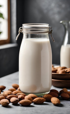Almond milk in a jar and with almonds on modern table.の素材