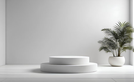 Minimal podium and white background for product presentation.の素材
