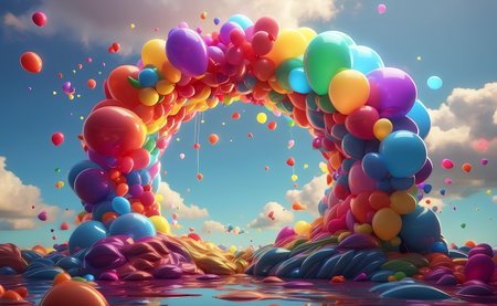 Colorful balloons rainbow and clouds party background.の素材