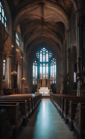 Cathedral interior with beautiful strain glass.の素材