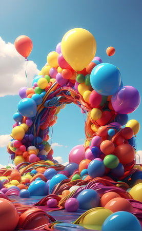 Colorful balloons rainbow and clouds party background.の素材