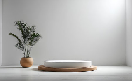 Minimal podium and white background for product presentation.の素材
