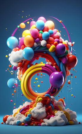 Colorful balloons rainbow and clouds party background.の素材