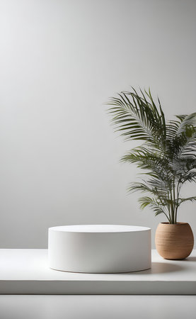Minimal podium and white background for product presentation.の素材