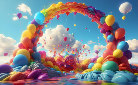 Colorful balloons rainbow and clouds party background.の素材