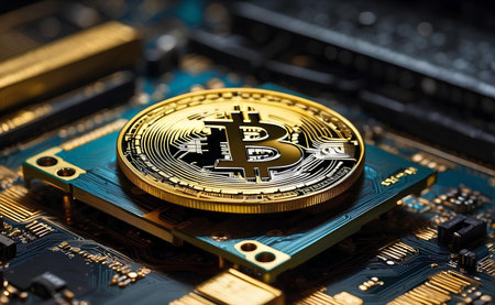 A gold bitcoin on top of a computer graphics card.の素材