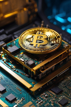 A gold bitcoin on top of a computer graphics card.の素材