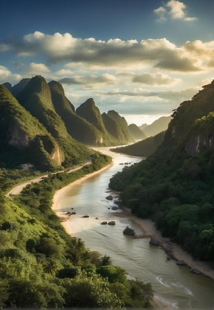 A beautiful river with mountain nature background.の素材