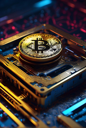 A gold bitcoin on top of a computer graphics card.の素材