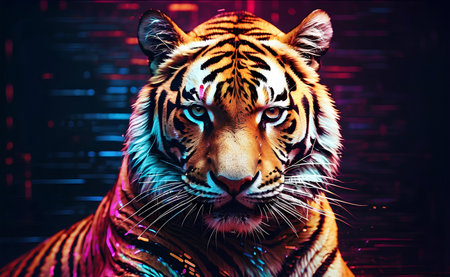 Great tiger with digital vibrant abstract background.の素材