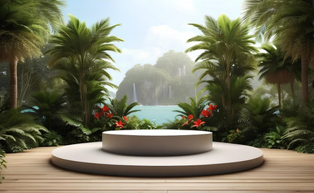 A modern podium with tropical plant and nature background.の素材