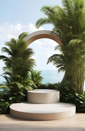 A modern podium with tropical plant and nature background.の素材