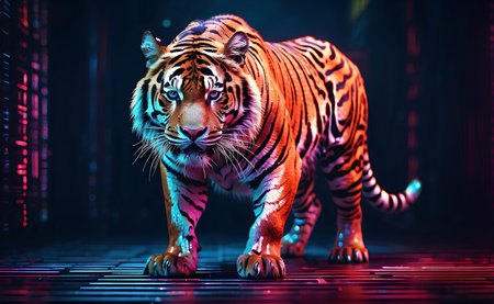 Great tiger with digital vibrant abstract background.の素材