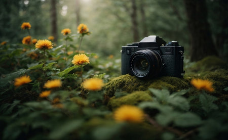 A camera with beautiful forest background.の素材