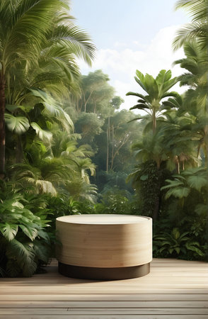 A modern podium with tropical plant and nature background.の素材