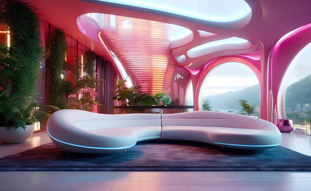 A futuristic living room neon lights modern architecture.の素材