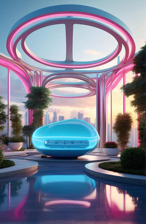A futuristic living room neon lights modern architecture.の素材