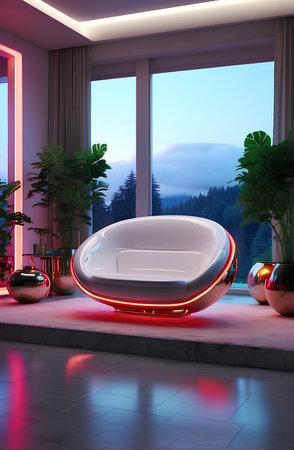 A futuristic living room neon lights modern architecture.の素材