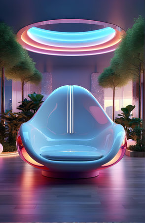 A futuristic living room neon lights modern architecture.の素材